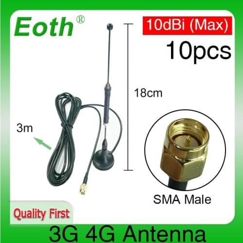 10pcs/lot 4G 10dbi LTE Antenna 3g 4g lte Aerial 698-960/1700-2700Mhz with magnetic base SMA Male RG174 3M Cable Sucker Antenna