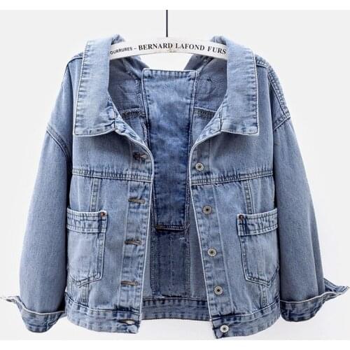 Spring Autumn Vintage Harajuku Short Denim Jackets For Womens 2021 New Korean Fashion Back Button Long Sleeve Jeans Coat Female
