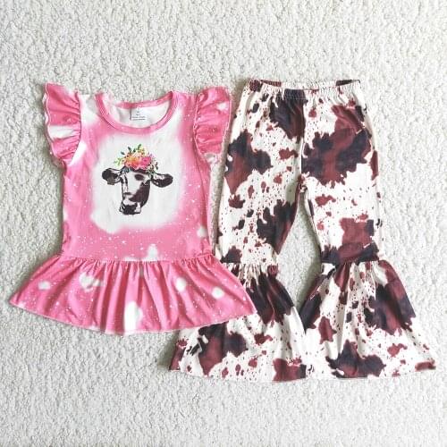 Children Cute Cow And Flowers Printed Top Match Beller Pants Set Fashion Pink Outfit For Baby Girls With Flutter Sleeve