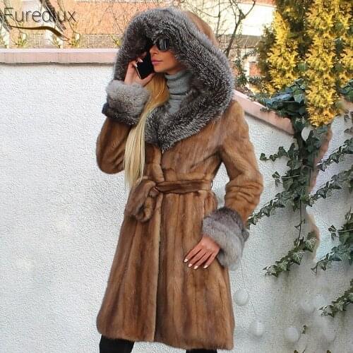 FUREALUX Street Style Natural Real Mink Fur Coat With Fox Hat Leader Mouth Womens Thick Warm Lace Mid-length Parka Jacket
