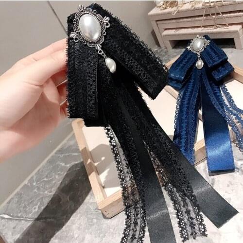 Fashion Korean Retro Lace Long Bow Tie for Woman College Style Collar Flower Womans Shirt Accessories Gift