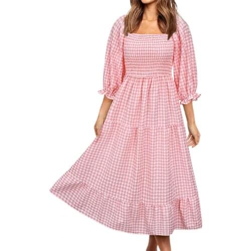 Plaid Print Midi Dress 3/4 Puff Sleeves Soft Square Neck Elastic Waist Summer Dress Sundress Night Club Party Dress Vestidos