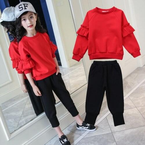 Teenager Girls Clothing Sets Formal Frill Stitching Long Sleeve Tops and Pants Kids 2 Pc Clothing Sets Children Sport Suits