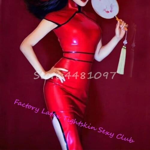 Chinese Style Red Woman Latex Rubber Dress Handmade Rubber Female slim Erotic Dress for Woman Girls Custom Made