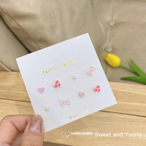 S925 Pink Fashion Sweet Cherry Love Earrings Set Opal Bow Knot Girl Simple And Small Earrings Female Resin Set Earrings Trend