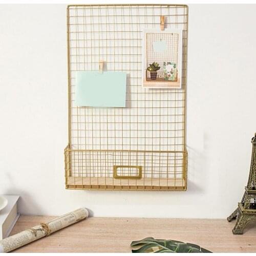 Wall mounted photo display frame Iron Mesh Grid Wire Board Hanging Storage Rack Memo Picture Panel Shelf Metal lattice Golden