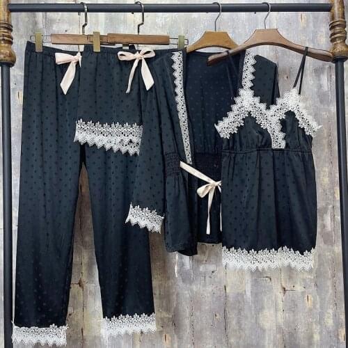 The new ladies summer pajamas four-piece suit, comfortable silk fabric, long-sleeved trousers, vest shorts and home service suit