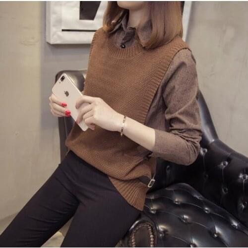 Autumn Winter RopaWomen Vintage Sweater Shirt and Knitted Vest Fake Two Pieces Sweaters Black Khaki Gray Burgundy Green Tops LM2