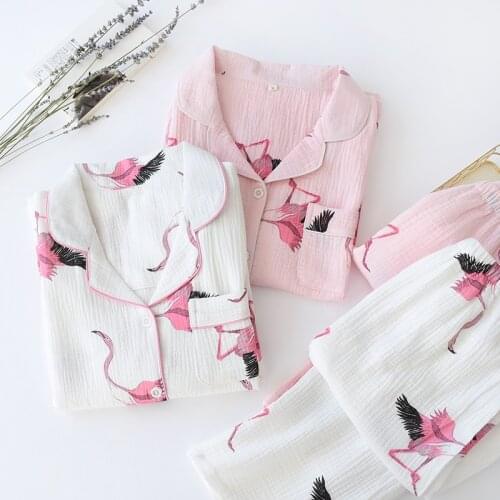 Sweet Cute Flamingo Print Pajamas Women 100%Cotton Homewear Long Sleeve Shirt + Pants Sleepwear Female Loose Nightwear Home Suit