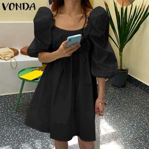 Women Dress VONDA Sexy Half Puff Sleeve Casual Square Neck Solid Dresses Loose Beach Sundress Bohemian Vestidos