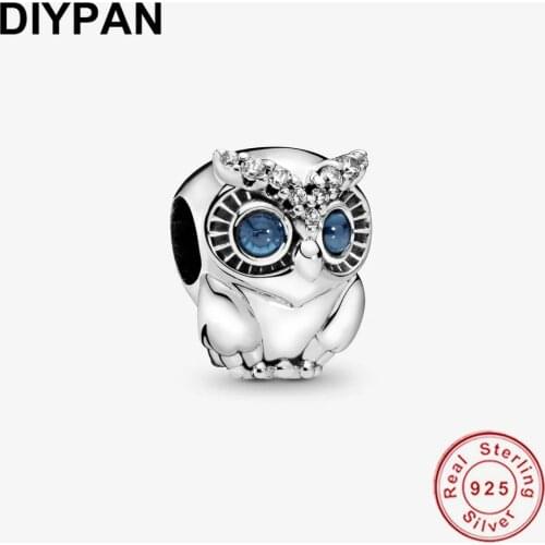 Real 925 Sterling Silver Sparkling Owl Charm Fit Original Pandora Charms Bracelet Pendandt Fashion Jewelry DIY Berloque