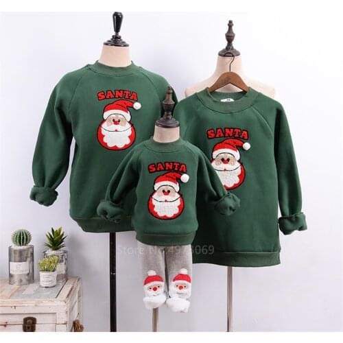 Christmas Family Matching Clothes New Year Green Santa Claus Elf Cartoon Xmas Family Look Winter Cotton Warm Sweatshirt
