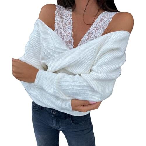 Sexy T-Shirt Women Lace Strap Patchwork Off Shoulder Short Tops New Spring Autumn Casual Long Sleeve Solid Loose Street Pullover