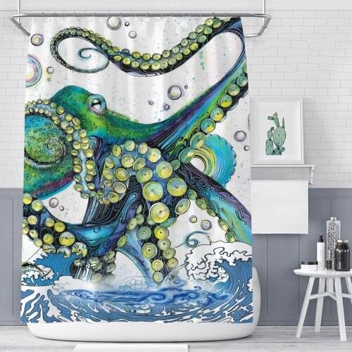 Japanese Shower Curtian 3d Octopus Surfing White Polyester Fabric Shower Curtains Hooks Curtain for Bathroom Accessories Cortina