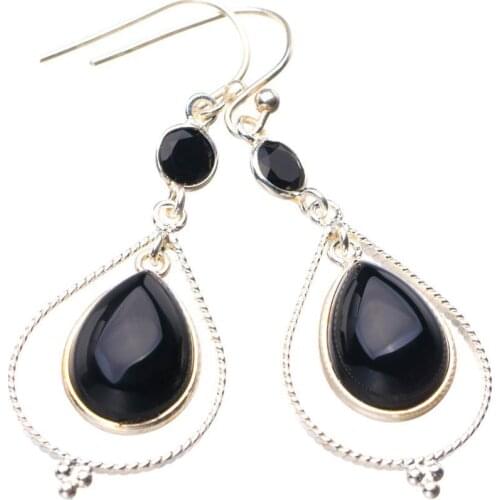 StarGems Natural Black Onyx Handmade 925 Sterling Silver Earrings 2" E1848