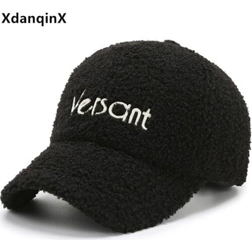 XdanqinX Winter Warm Female Hat Teddy Cashmere Warm Baseball Caps For Women Fashion Letter Sports Cap Adjustable Size Girls Hats