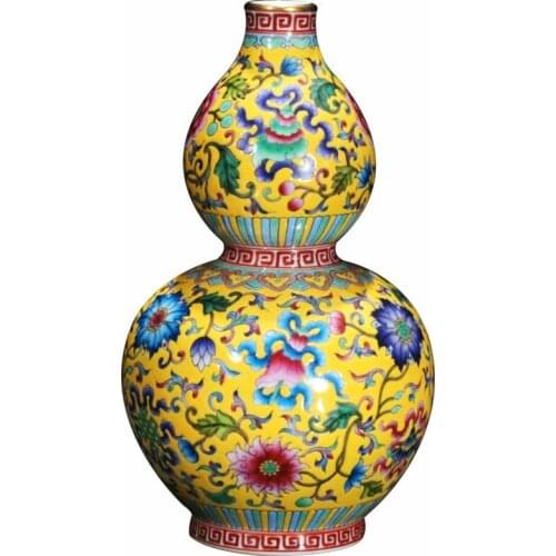 Antique Jingdezhen Yellow Ceramic Flower Vase Hand Painted Enamel Art Decor Porcelain Vase For Wedding Gift