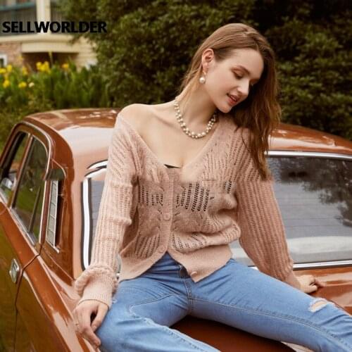 Sexy V-neck Long Batwing Sleeve Female Sweater Autumn 2020 Hollow Out Thin Cardigan Elegant Women Pink Knitted Cardigan