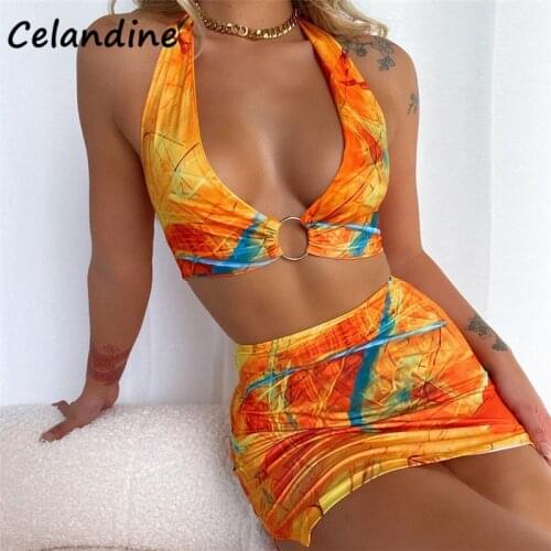 Celandine Women Sexy Tie Dye Skirt Suit Summer 2021 Casual Beach Halter Tops And Mini High Waisted Skinny Skirt Two Piece Set