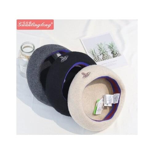 Hat women retro queen mother plus size hat classic Saturn embroidery solid color wild style retro warm pure wool beret women