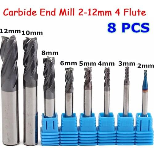 8pcs 4 Flutes Carbide End Mill Set 2-12mm Tungsten Steel Milling Cutter Tools Router Bit For CNC Machine Mayitr
