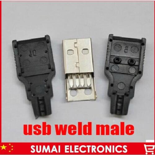 Free shipping 100sets 3 in 1 welding wire type A 2.0 USB 4P male plug USB-4P Socket jack+plastic shell black DIY