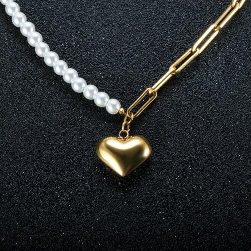 Luxury Heart Pendant Pearl Splicing Chain Necklace Fashion Stainless Steel Elegant Sweater Clavicle Jewelry For Women Men Bijoux
