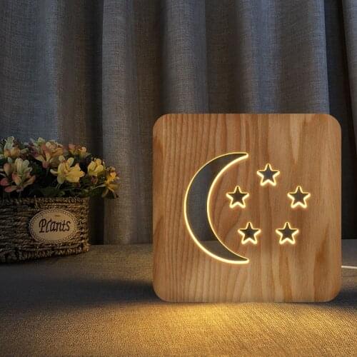 Moon Star Wooden Table Lamp Hollow Out Carving LED 3d Night Light for Kids Bedroom Decoration Creative Gifts