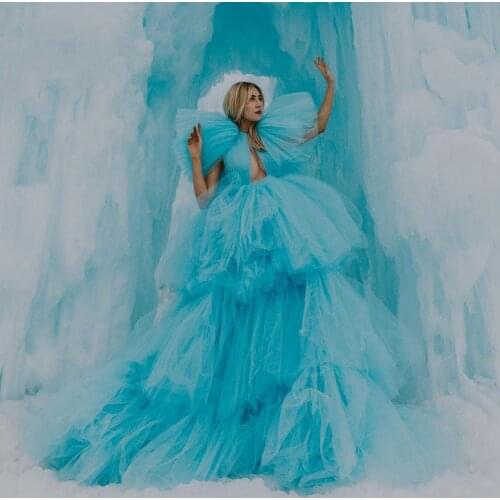 Extra Puffy Party Dresses Formal Dress Fluffy Sky Blue Tulle Sexy Long Lush Prom Gowns Deep V Cut Custom Made