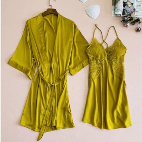 2PCS Lace Nighty Bathrobe Gown Sets Summer Womens Satin kimono Robe Sleep Suit Lounge Home Wear Sleepwear Nightgown Clothes