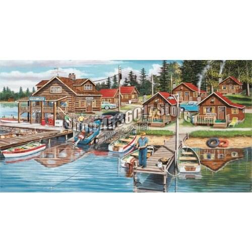 Timber Lodge Diamond Painting Cross Stitch Diamond Embroidery Diy Diamond Mosaic Boats Fishing Picture Full Rhinestones Gift Art