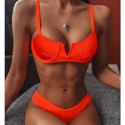 Summer Women Beach Bikini Set Solid Color Bikini Three-Point Split Bikini Sexy Push Up Bra Women 2 Piece Swimsuit with Underwire