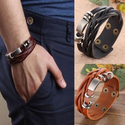 Fashion Mens Metal Steel Studded Surfer Leather Vintage Bangle Cuff Bracelet