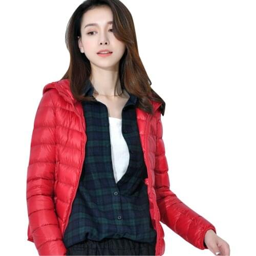 New Women Thin Down Jacket Red Duck Down Ultralight Hooded Jackets Autumn Winter Warm Coat Portable Outwear Куртка Женская Осень