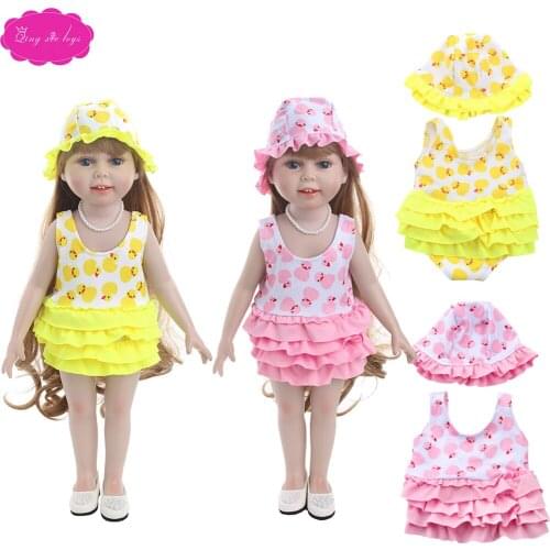 18 inch Girl dolls Clothes cute duckling swimsuit + hat jumpsuits American newborn dress Baby toys fit 43 cm baby dolls c751