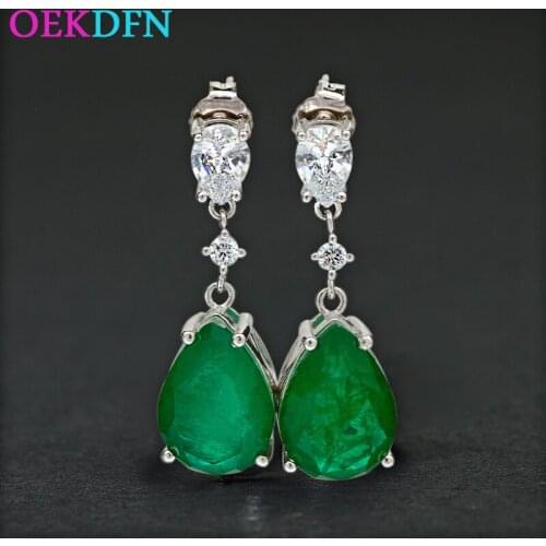 OEKDFN 100% 925 Sterling Silver Drop Earrings For Women Vintage Emerald Gemstone Dropwater Party Engagement Wedding Fine Jewelry