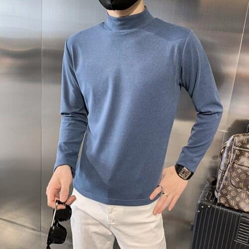 Autumn Men T-shirt Long Sleeve Slim Casual Bottoming Shirt Solid Color Half Turtleneck Harajuku Shirt Social Streetwear Clothing