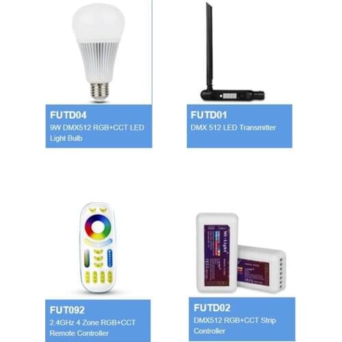 DC12V-24V Mi Light FUTD01 DMX 512 LED Transmitter FUTD02 DMX512 RGB+CCT Strip Controller FUTD04 9W DMX512 RGB+CCT LED Light Bulb