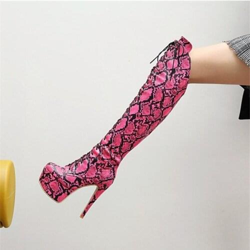 PXELENA Sexy Nightclub European Women Over The Knee Boots Snake Print Stiletto Thin Super High Heels Shoes Lady Catwalk Show 45