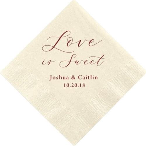 Custom Wedding Napkins Love is Sweet - Personalized Wedding Napkins, Rehearsal Dinner, Engagement Party, Custom Bar Napkins