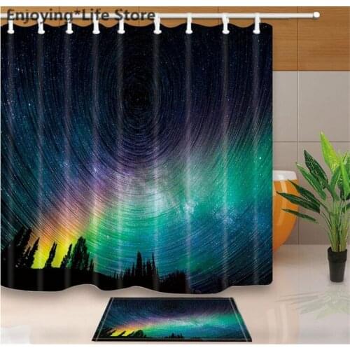 Night Sky with Stars Shower Curtain Set Waterproof Fabric Shower Curtain Bathroom Bath Mat Rugs with Mat 12 Hooks