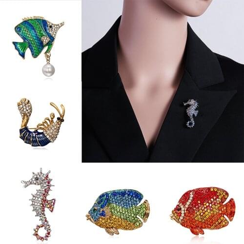 3 Colors Available Blue Enamel Hippocampus Brooches for Women Fish Shrimp Pins Animal Style Brooch Fashion Jewelry Coat Brooch