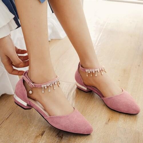 YMECHIC 2019 Sweet Crystal Tassel Design Ankle Strap Pink Black Woman Shoes Summer Low Heel Pumps Flock Chunky Block Heel Sandal