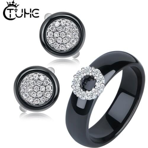 Bling CZ Crystal Circle Geometric Women Jewelry Sets for Female Never Fade Healthy Ceramic Earrings Finger Rings Engagement Gift