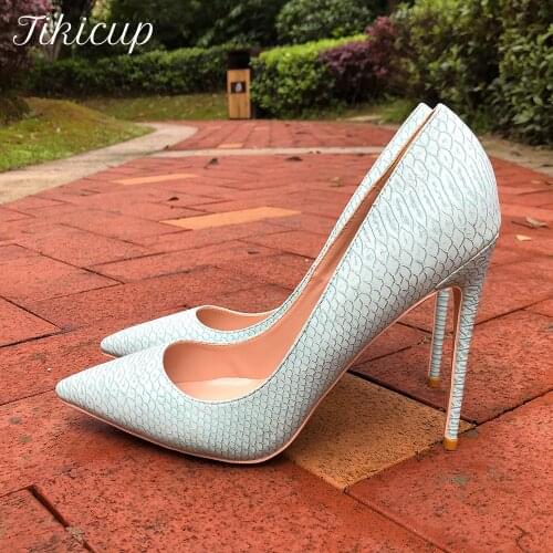Tikicup Mint Green Women Croc-Effect Stiletto High Heels Slip On Poined Toe Sexy Pumps Chic Ladies Formal Shoes Big Size 44 45