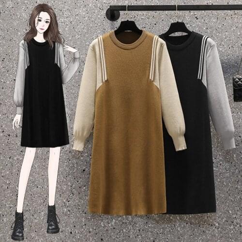 EHQAXIN Plus Size Womens Knitted Dresses Autumn Simple Contrast Color Stitching Loose Long-Sleeved Straight Pullover Dress L-4XL