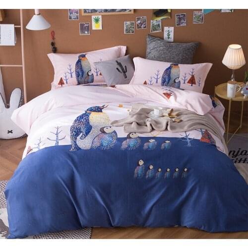 Queen King 4Pcs Lovely Cartoon Animal Print penguin Bedding sets 100% Cotton Soft Sanding 4Pc Duvet cover Bed sheet set blue