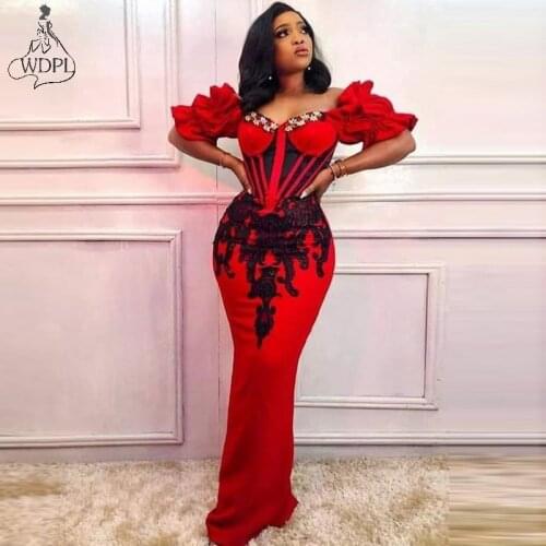 Elegant Off the Shoulder Red Prom Dresses Mermaid Long Evening Dress Appliqued Nigeria African Women Formal Gown