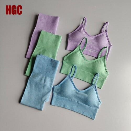 HGC Yoga Set Women 2 Piece Luminous Sportwear High Waist Sport Leggings And Top Gym Tracksuit Workout Running Sexy Fitness Suit