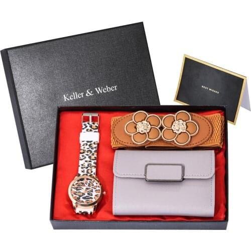 Leopard Women Wristwatches Gift Set with Box Quartz Watch Brown Flower Belt Wallet Card Best Gifts for Female Lover Girlfriend
